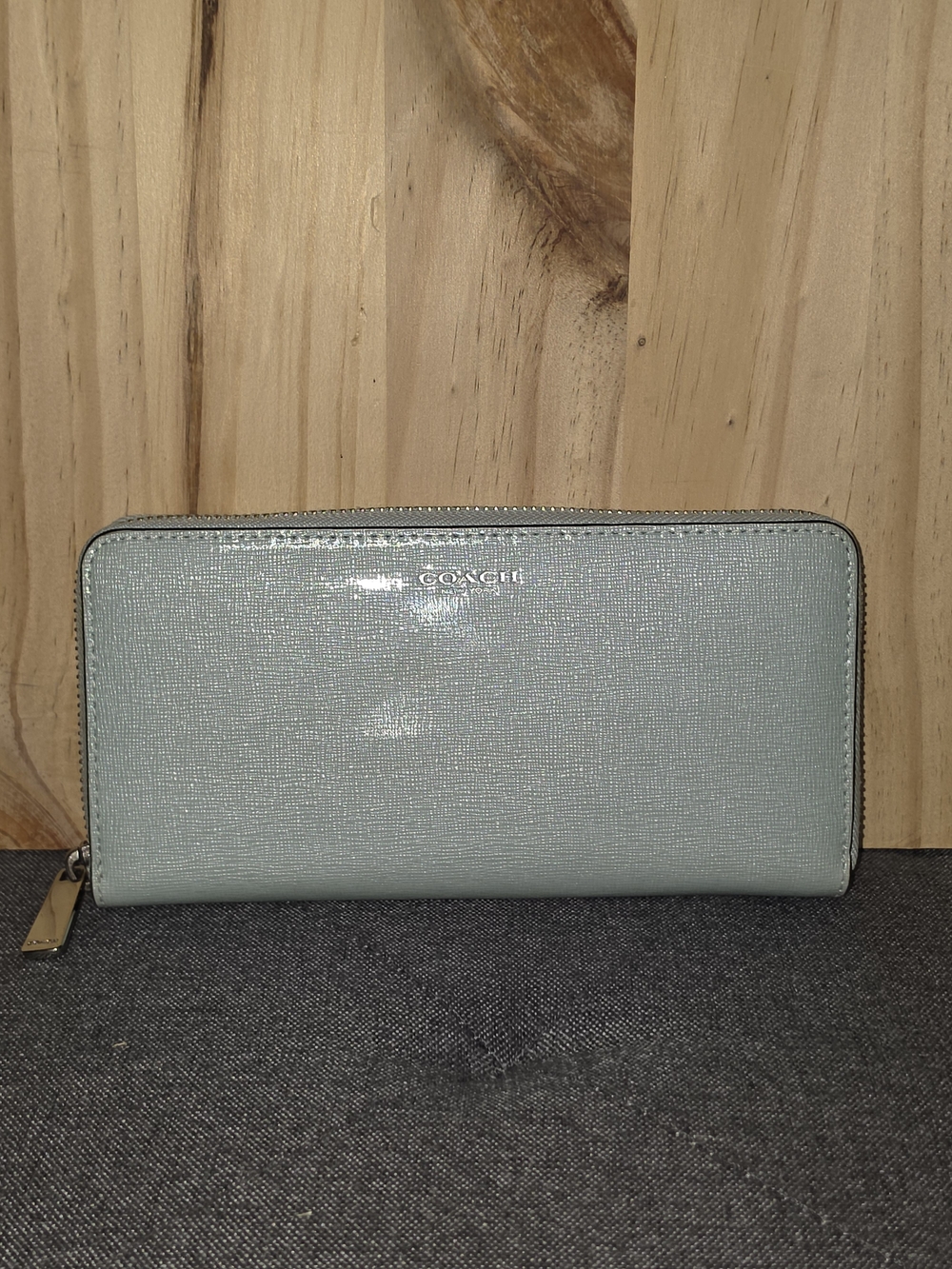 Coach Light Aqua Patent Zip Wallet